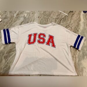 Modern Lux USA Graphic Tee White Red Blue Football Sleeve Stripes Size M